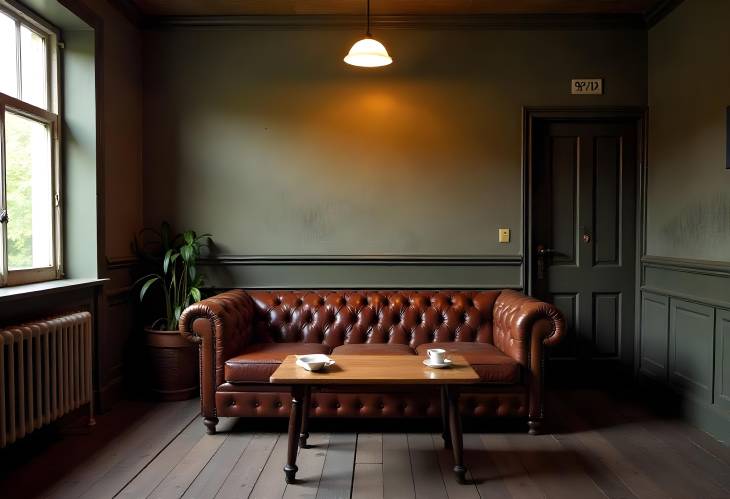 Rustic Vintage Living Room with Leather Sofa, Wooden Table, and Ceiling Fixture